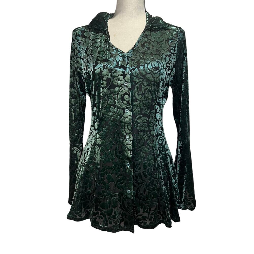Stunning Emerald Green Button Velvet Bell Sleeve Top Fairy Goth Y2K Size Medium